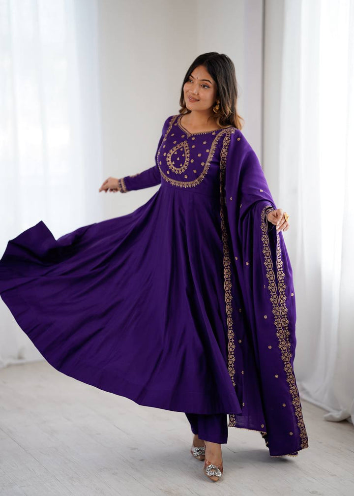 PRESENTING NEW HIGH PREMIUM QUALITY PURE ROMAN CHANDERI SILK FABRIC FULLY FLARE ANARKALI, WITH DUPATTA SET, PENT READY TO WEAR