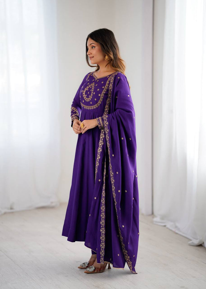 PRESENTING NEW HIGH PREMIUM QUALITY PURE ROMAN CHANDERI SILK FABRIC FULLY FLARE ANARKALI, WITH DUPATTA SET, PENT READY TO WEAR
