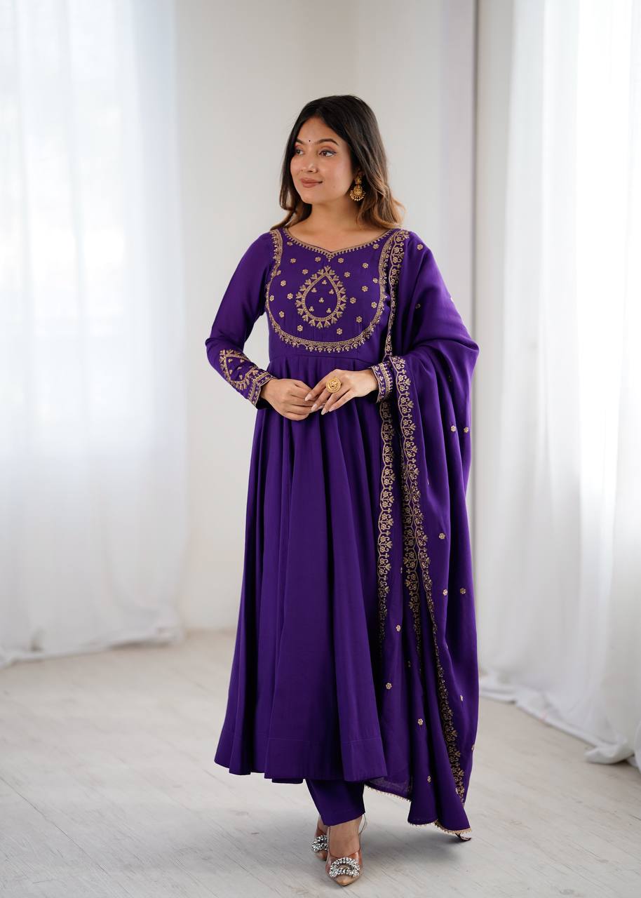 PRESENTING NEW HIGH PREMIUM QUALITY PURE ROMAN CHANDERI SILK FABRIC FULLY FLARE ANARKALI, WITH DUPATTA SET, PENT READY TO WEAR