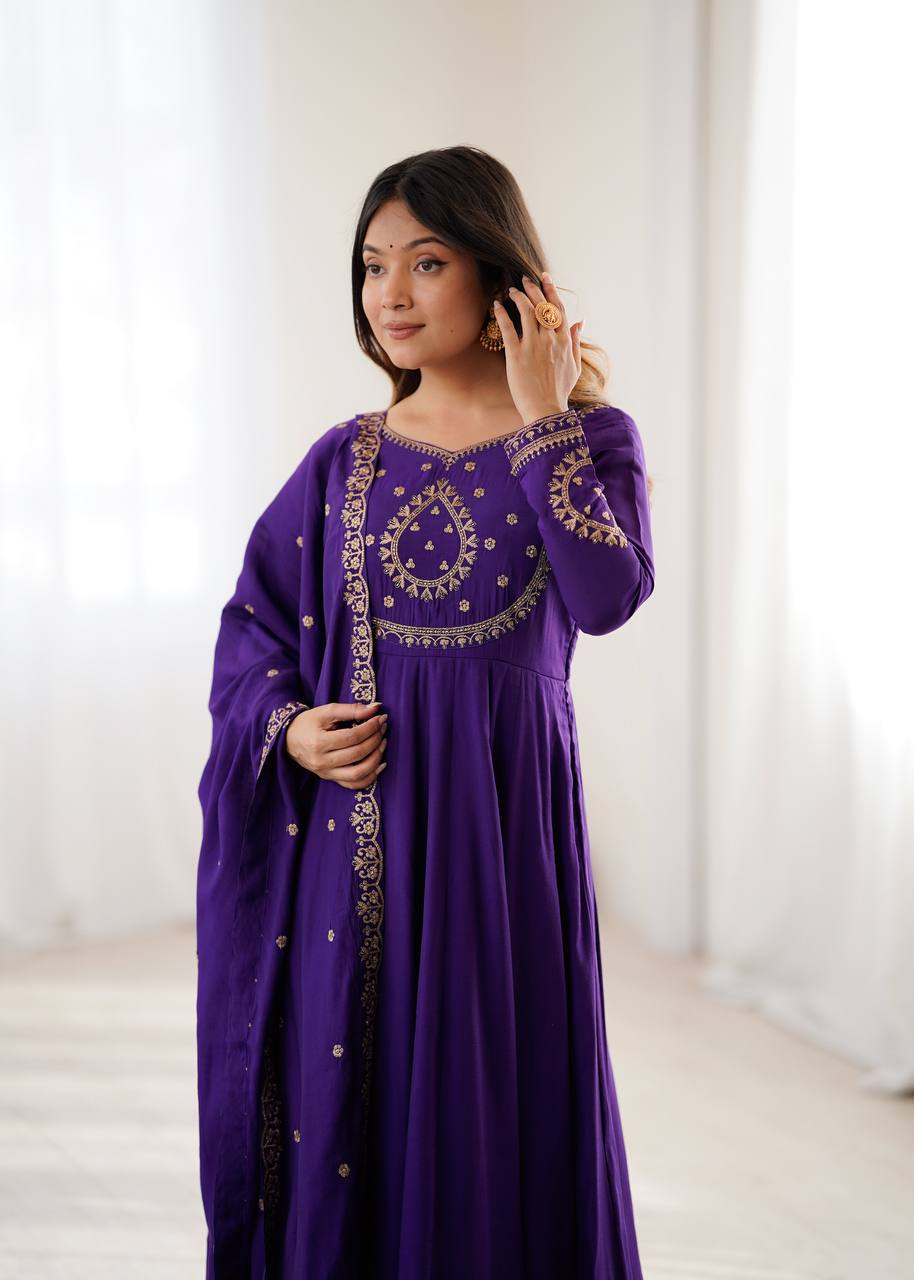 PRESENTING NEW HIGH PREMIUM QUALITY PURE ROMAN CHANDERI SILK FABRIC FULLY FLARE ANARKALI, WITH DUPATTA SET, PENT READY TO WEAR