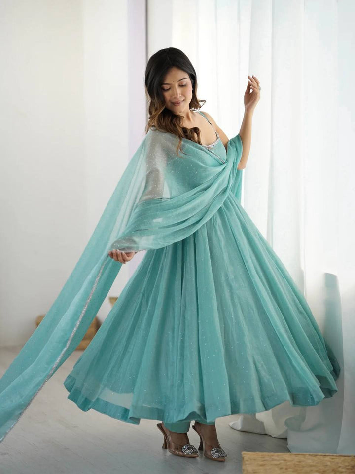 CRUNCHY SILK FABRIC WITH SIROSKI WORK, FULLY FLAIR KALI PATTERN AND CANVAS PATTA WITH DUPATTA SET, PENT READY TO WEAR