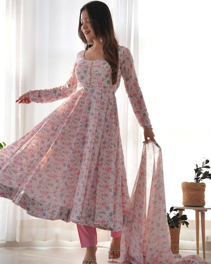 PURE ORANGE CHIFFON FLORAL PRINT FABRIC FULLY FLAIR ANARKALI, WITH DUPATTA SET,PENT READY TO WEAR