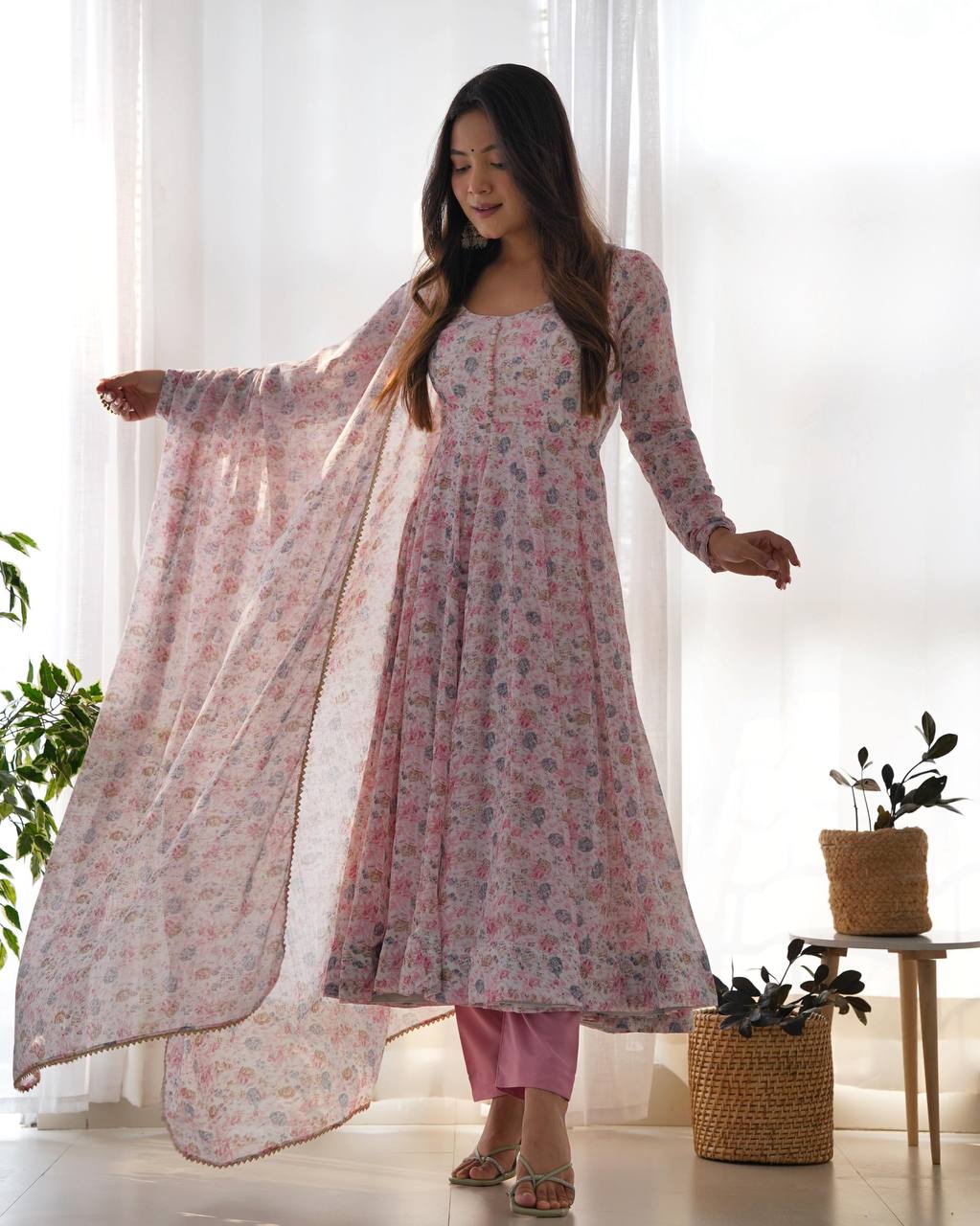 PURE ORANGE CHIFFON FLORAL PRINT FABRIC FULLY FLAIR ANARKALI, WITH DUPATTA SET,PENT READY TO WEAR