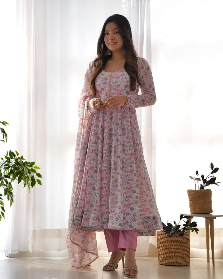 PURE ORANGE CHIFFON FLORAL PRINT FABRIC FULLY FLAIR ANARKALI, WITH DUPATTA SET,PENT READY TO WEAR