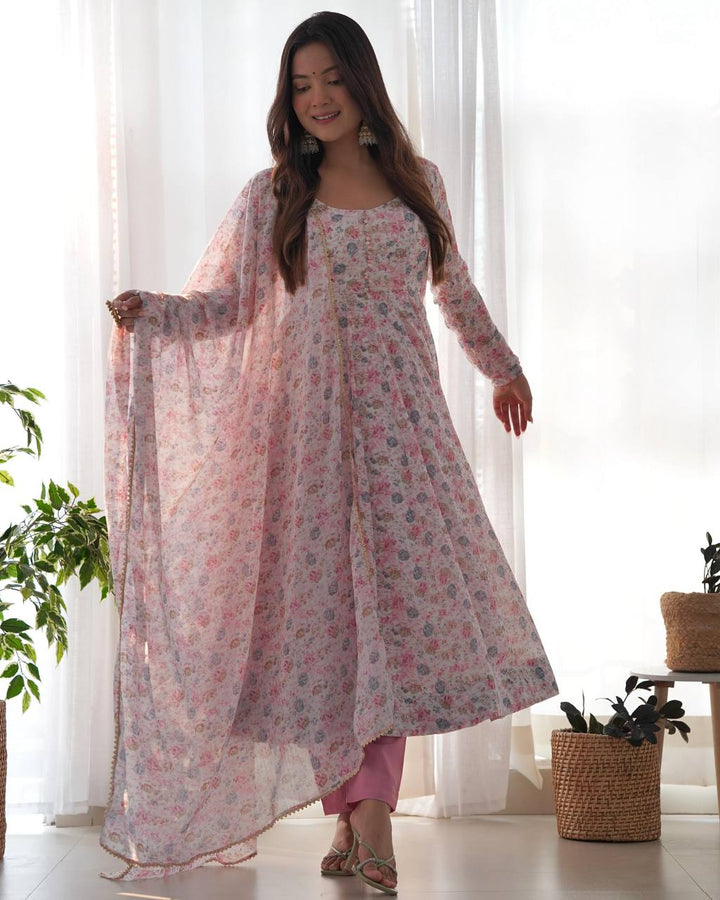 PURE ORANGE CHIFFON FLORAL PRINT FABRIC FULLY FLAIR ANARKALI, WITH DUPATTA SET,PENT READY TO WEAR