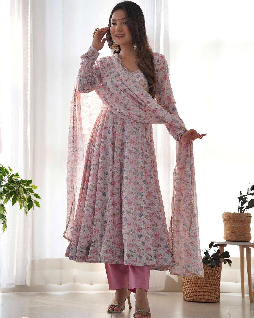 PURE ORANGE CHIFFON FLORAL PRINT FABRIC FULLY FLAIR ANARKALI, WITH DUPATTA SET,PENT READY TO WEAR