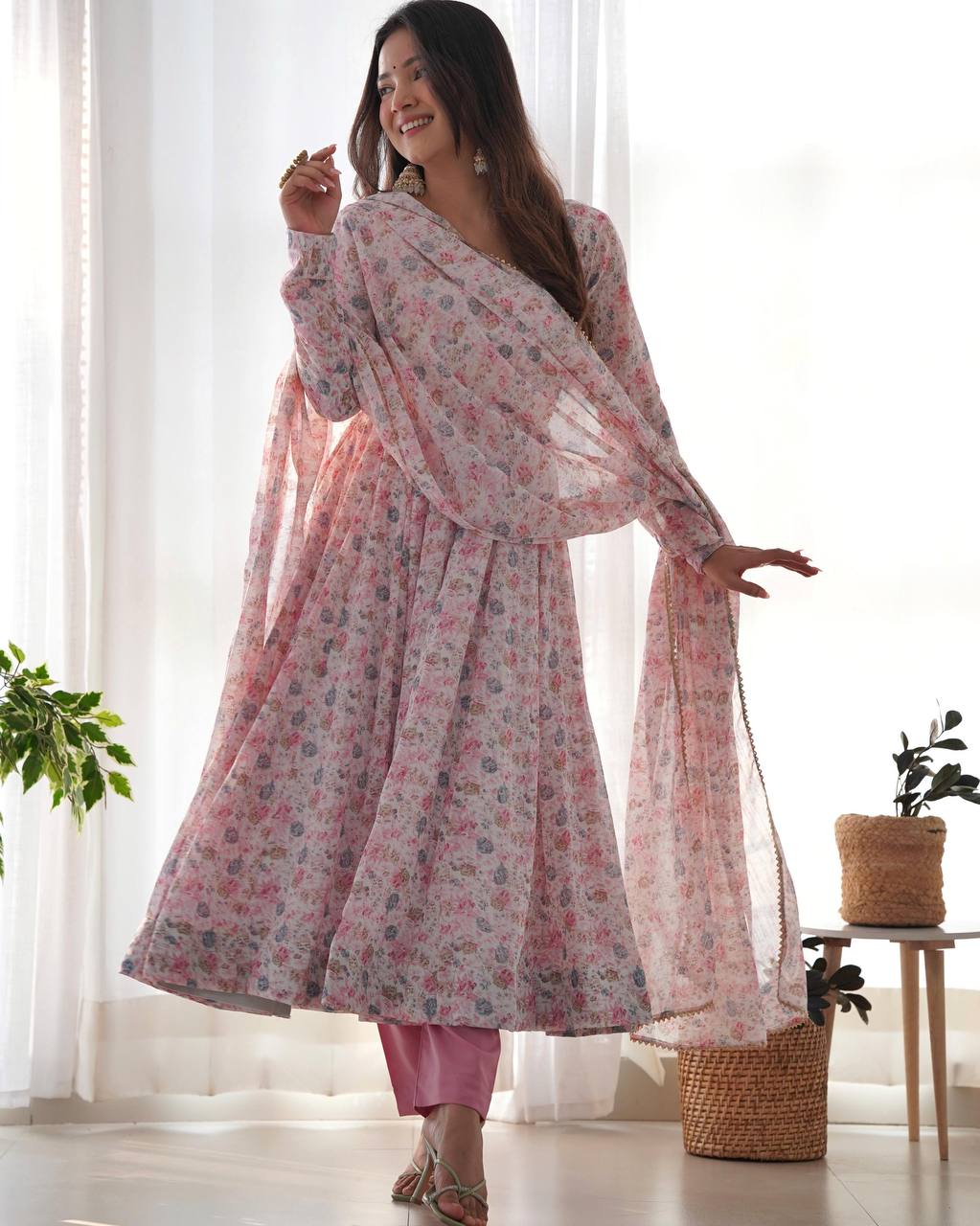 PURE ORANGE CHIFFON FLORAL PRINT FABRIC FULLY FLAIR ANARKALI, WITH DUPATTA SET,PENT READY TO WEAR