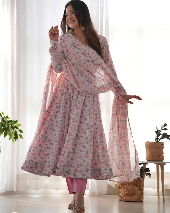 PURE ORANGE CHIFFON FLORAL PRINT FABRIC FULLY FLAIR ANARKALI, WITH DUPATTA SET,PENT READY TO WEAR