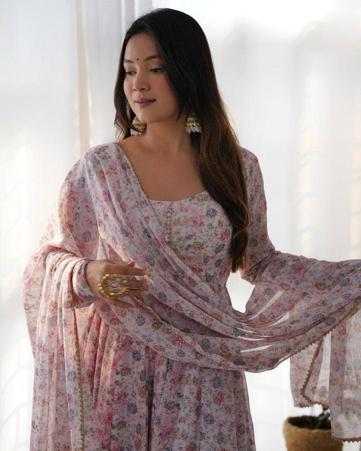 PURE ORANGE CHIFFON FLORAL PRINT FABRIC FULLY FLAIR ANARKALI, WITH DUPATTA SET,PENT READY TO WEAR