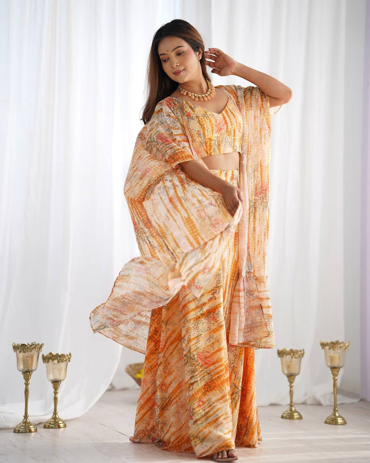 3 piece set of indo western gathered Georgette shrug with fancy blouse, printed palazzo pants full set ready to wear