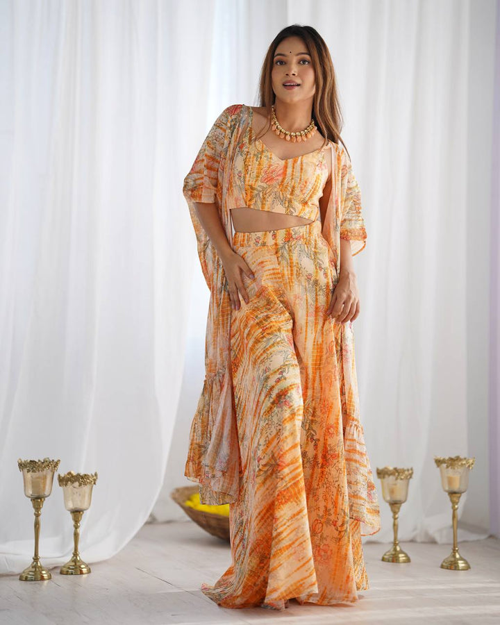 3 piece set of indo western gathered Georgette shrug with fancy blouse, printed palazzo pants full set ready to wear