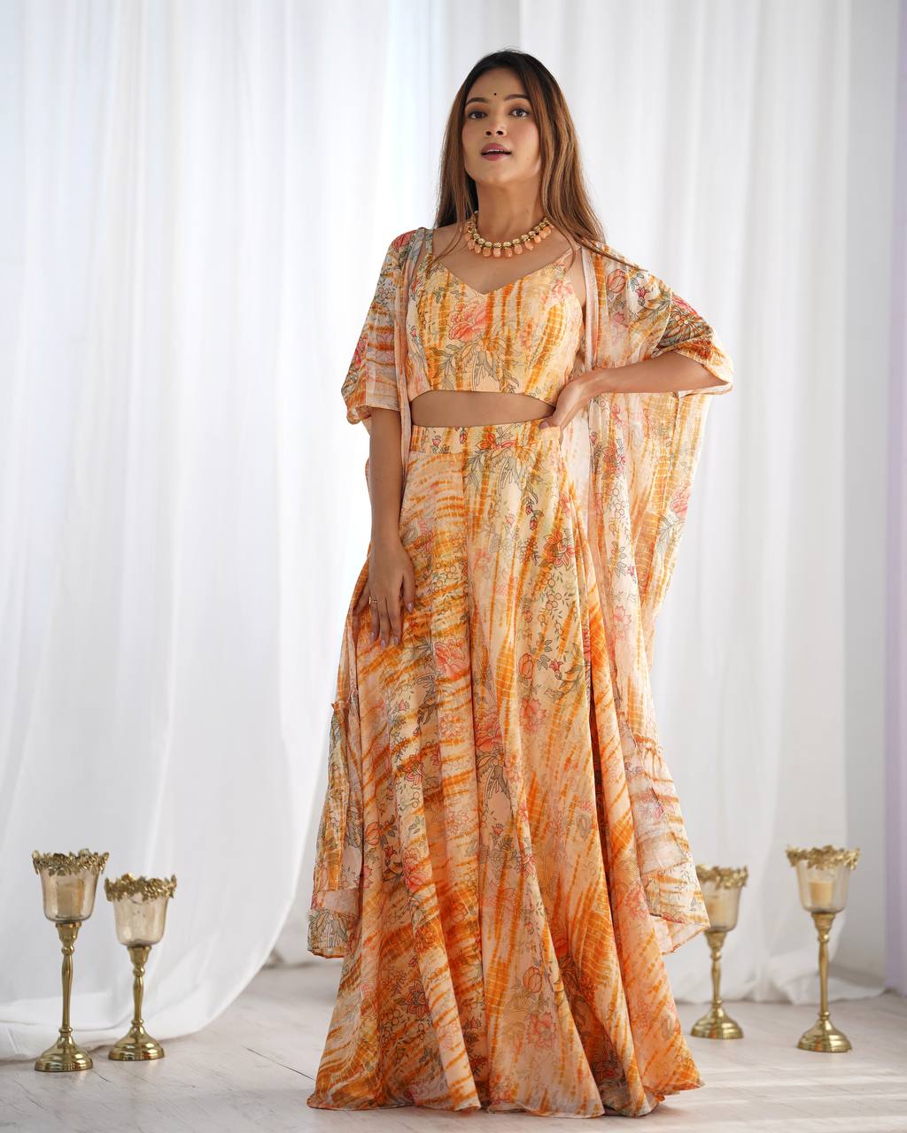 3 piece set of indo western gathered Georgette shrug with fancy blouse, printed palazzo pants full set ready to wear