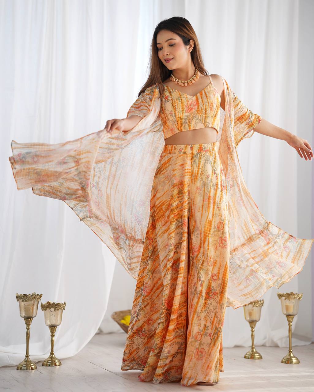3 piece set of indo western gathered Georgette shrug with fancy blouse, printed palazzo pants full set ready to wear