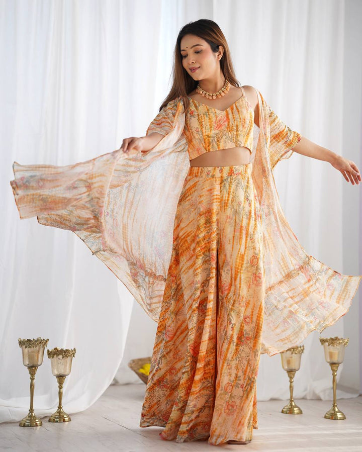 3 piece set of indo western gathered Georgette shrug with fancy blouse, printed palazzo pants full set ready to wear