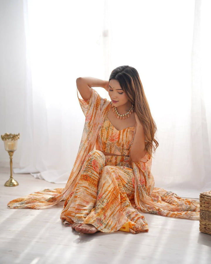 3 piece set of indo western gathered Georgette shrug with fancy blouse, printed palazzo pants full set ready to wear