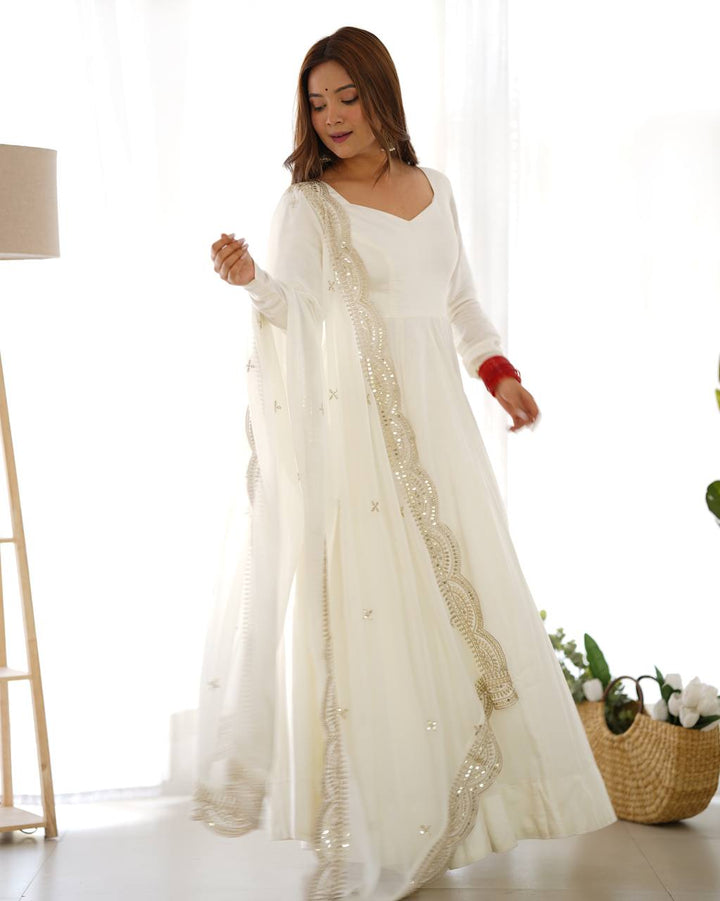 PREMIUM QUALITY PURE ROMANSILK CHANDERI FABRIC FULLY FLARE ANARKALI, WITH DUPATTA SET, PENT READY TO WEAR