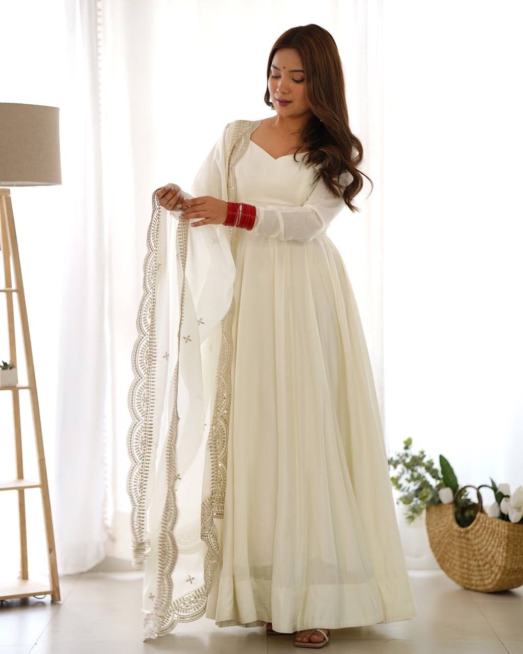 PREMIUM QUALITY PURE ROMANSILK CHANDERI FABRIC FULLY FLARE ANARKALI, WITH DUPATTA SET, PENT READY TO WEAR