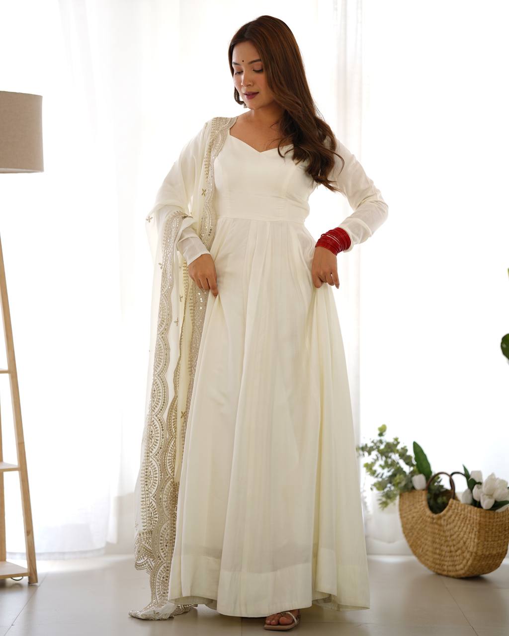 PREMIUM QUALITY PURE ROMANSILK CHANDERI FABRIC FULLY FLARE ANARKALI, WITH DUPATTA SET, PENT READY TO WEAR