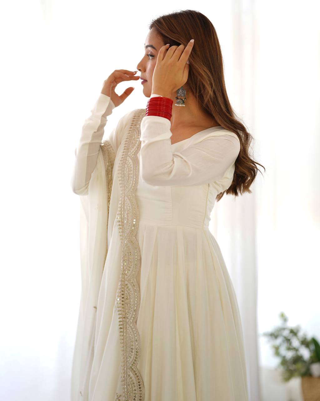 PREMIUM QUALITY PURE ROMANSILK CHANDERI FABRIC FULLY FLARE ANARKALI, WITH DUPATTA SET, PENT READY TO WEAR