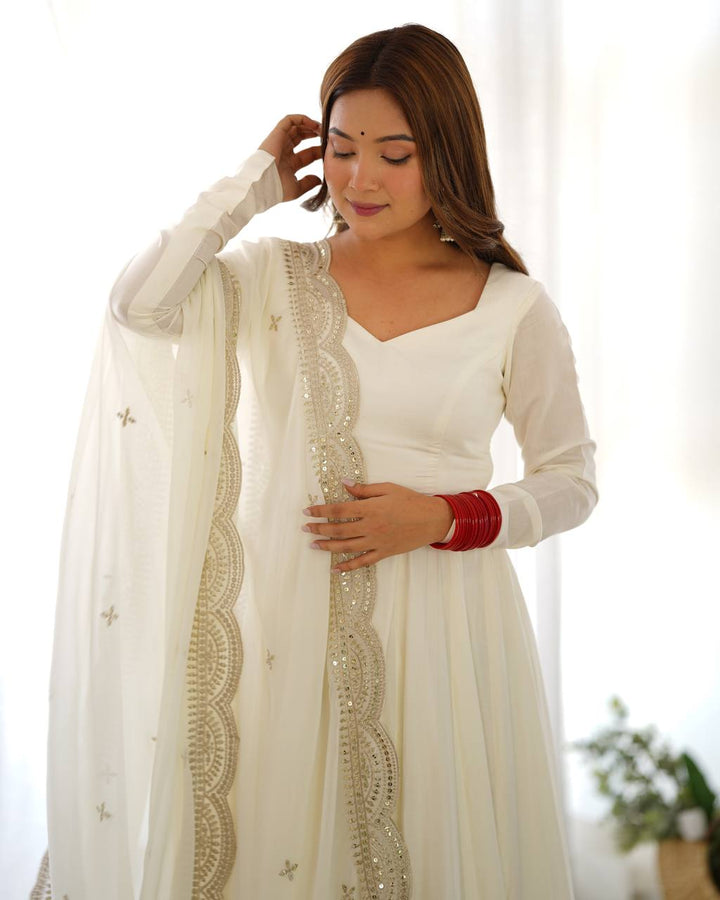 PREMIUM QUALITY PURE ROMANSILK CHANDERI FABRIC FULLY FLARE ANARKALI, WITH DUPATTA SET, PENT READY TO WEAR