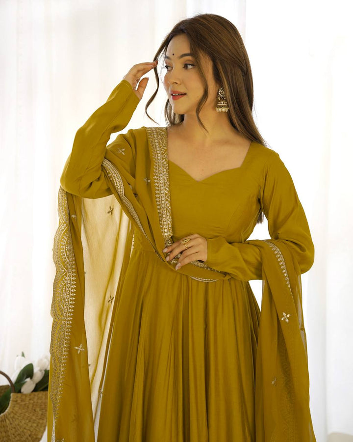 PREMIUM QUALITY PURE ROMANSILK CHANDERI FABRIC FULLY FLARE ANARKALI, WITH DUPATTA SET, PENT READY TO WEAR