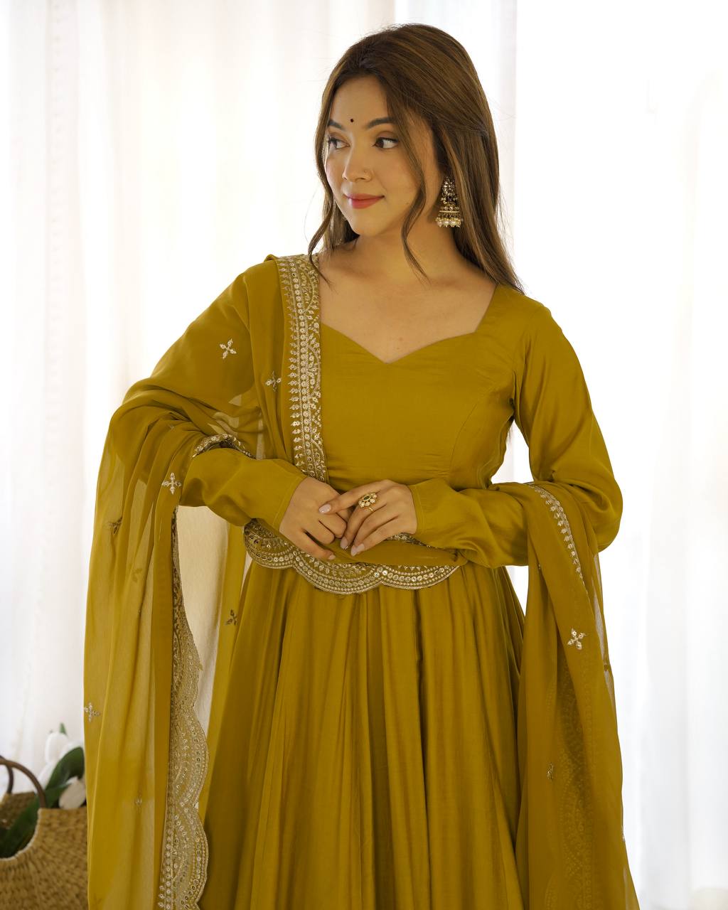 PREMIUM QUALITY PURE ROMANSILK CHANDERI FABRIC FULLY FLARE ANARKALI, WITH DUPATTA SET, PENT READY TO WEAR