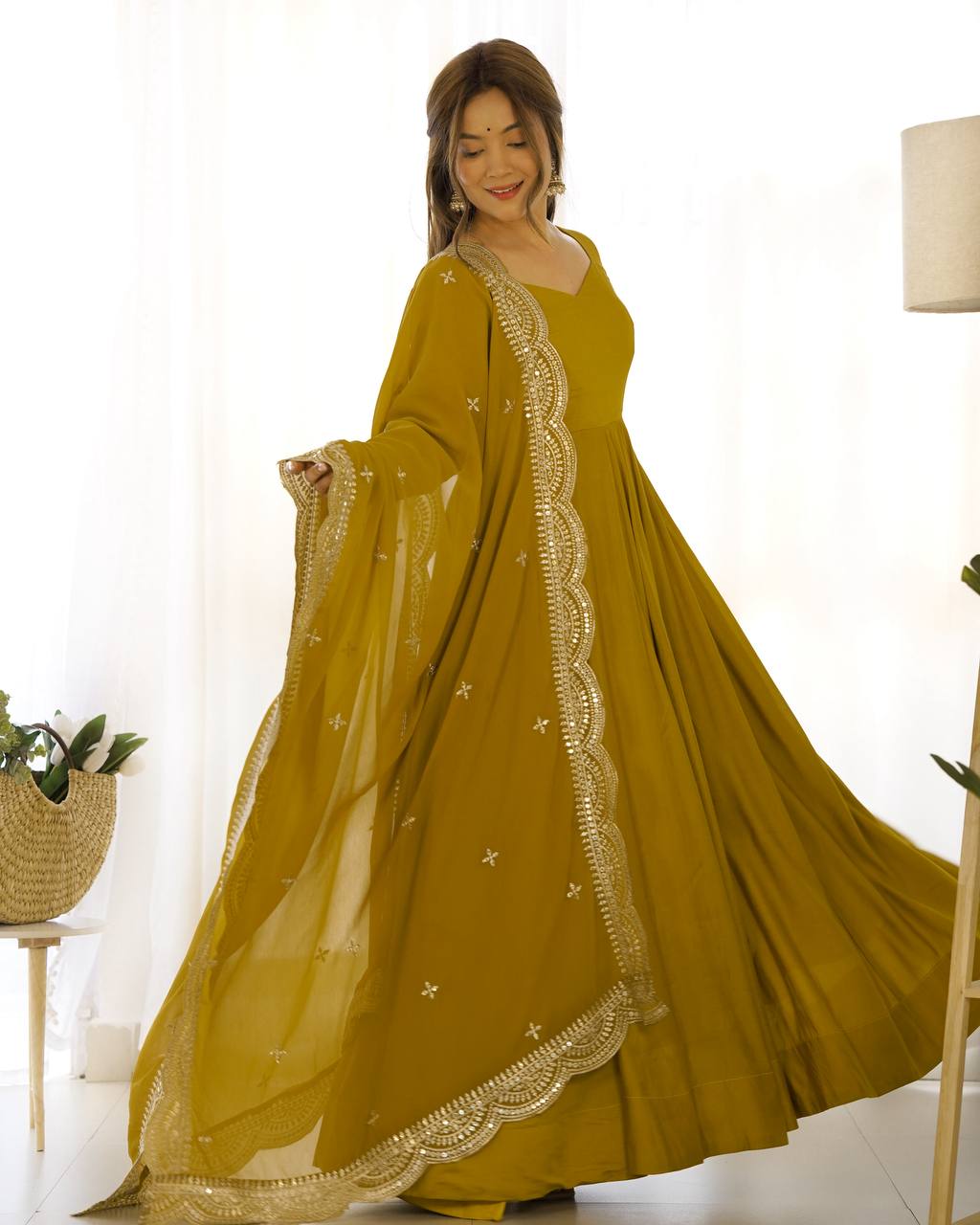 PREMIUM QUALITY PURE ROMANSILK CHANDERI FABRIC FULLY FLARE ANARKALI, WITH DUPATTA SET, PENT READY TO WEAR