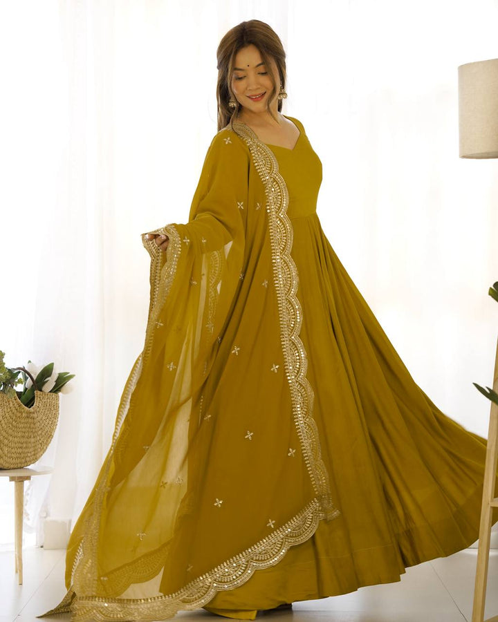 PREMIUM QUALITY PURE ROMANSILK CHANDERI FABRIC FULLY FLARE ANARKALI, WITH DUPATTA SET, PENT READY TO WEAR
