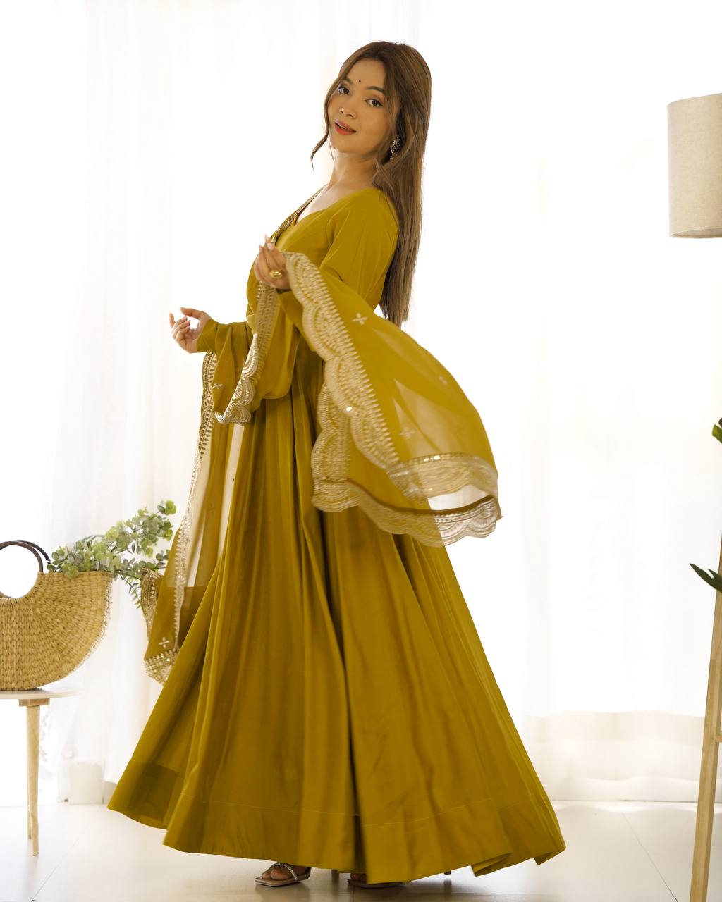 PREMIUM QUALITY PURE ROMANSILK CHANDERI FABRIC FULLY FLARE ANARKALI, WITH DUPATTA SET, PENT READY TO WEAR