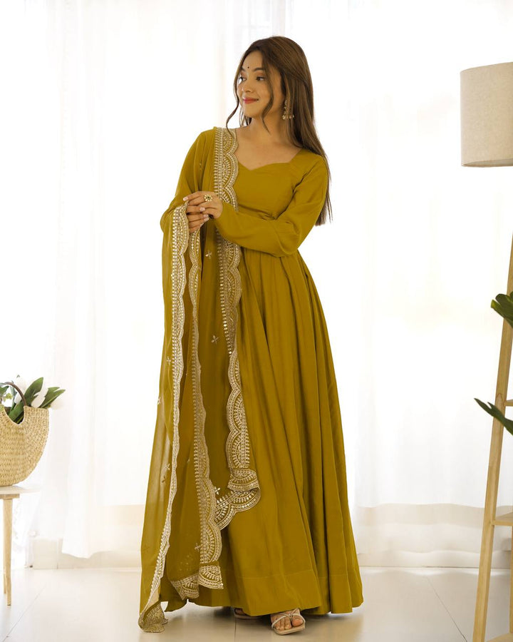 PREMIUM QUALITY PURE ROMANSILK CHANDERI FABRIC FULLY FLARE ANARKALI, WITH DUPATTA SET, PENT READY TO WEAR