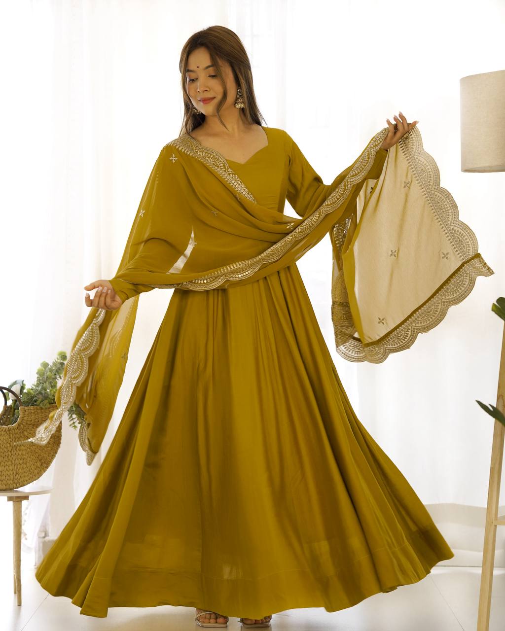 PREMIUM QUALITY PURE ROMANSILK CHANDERI FABRIC FULLY FLARE ANARKALI, WITH DUPATTA SET, PENT READY TO WEAR