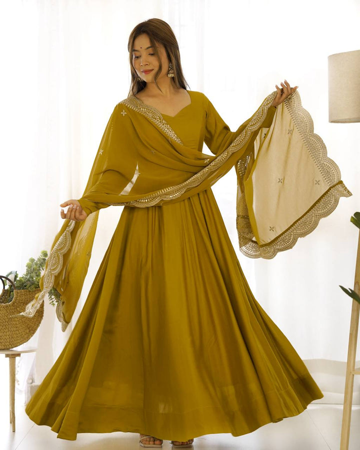 PREMIUM QUALITY PURE ROMANSILK CHANDERI FABRIC FULLY FLARE ANARKALI, WITH DUPATTA SET, PENT READY TO WEAR
