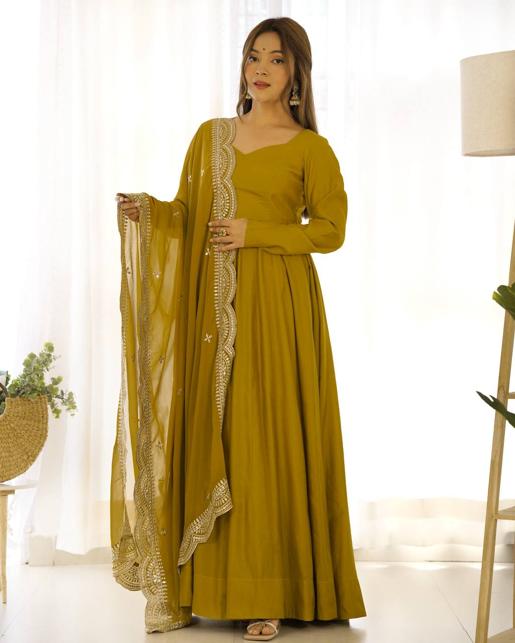 PREMIUM QUALITY PURE ROMANSILK CHANDERI FABRIC FULLY FLARE ANARKALI, WITH DUPATTA SET, PENT READY TO WEAR