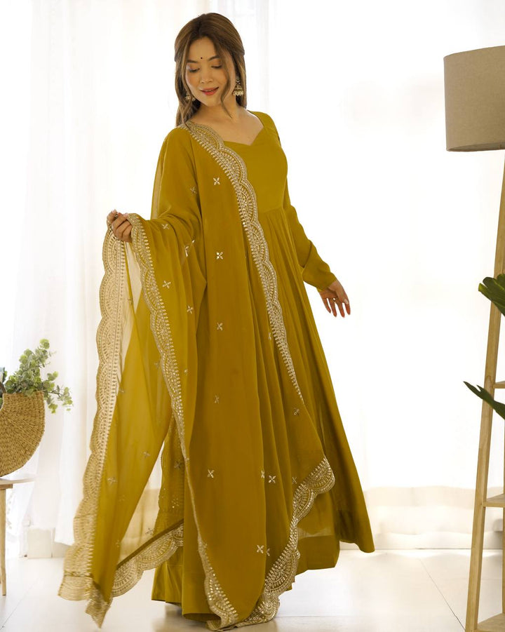 PREMIUM QUALITY PURE ROMANSILK CHANDERI FABRIC FULLY FLARE ANARKALI, WITH DUPATTA SET, PENT READY TO WEAR