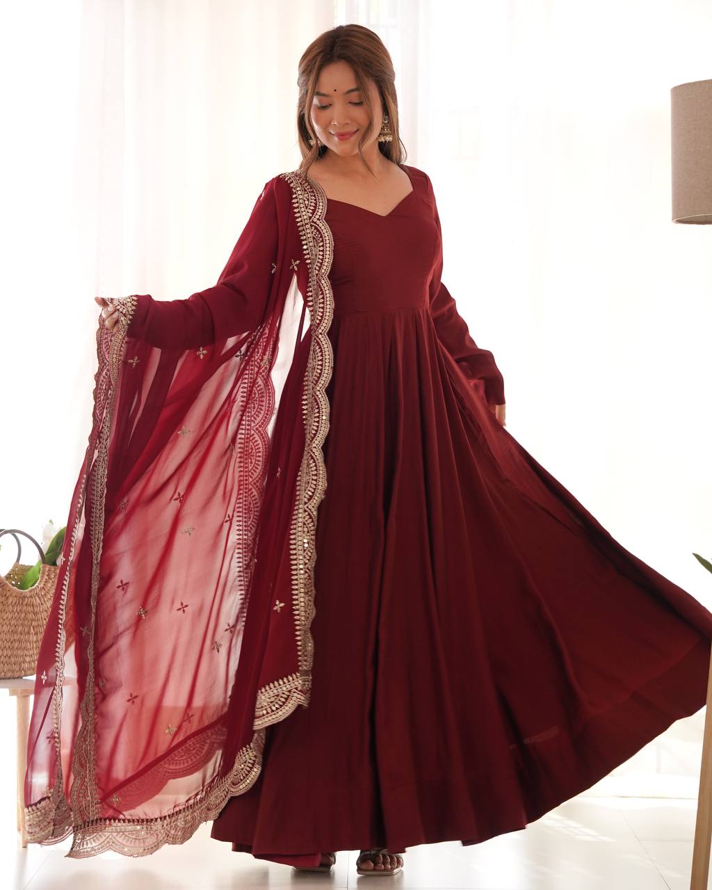 PREMIUM QUALITY PURE ROMANSILK CHANDERI FABRIC FULLY FLARE ANARKALI, WITH DUPATTA SET, PENT READY TO WEAR