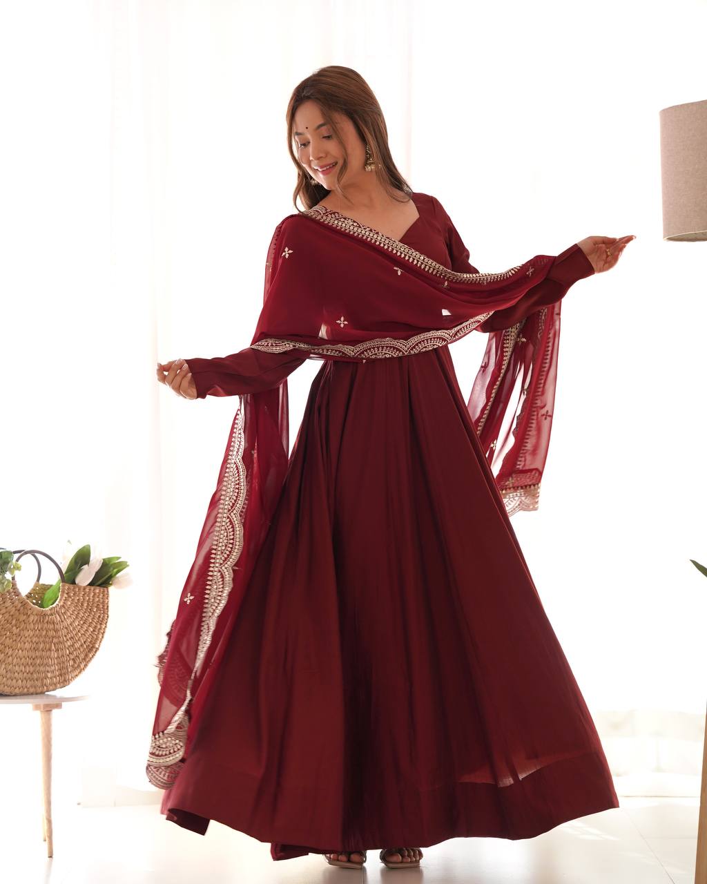 PREMIUM QUALITY PURE ROMANSILK CHANDERI FABRIC FULLY FLARE ANARKALI, WITH DUPATTA SET, PENT READY TO WEAR