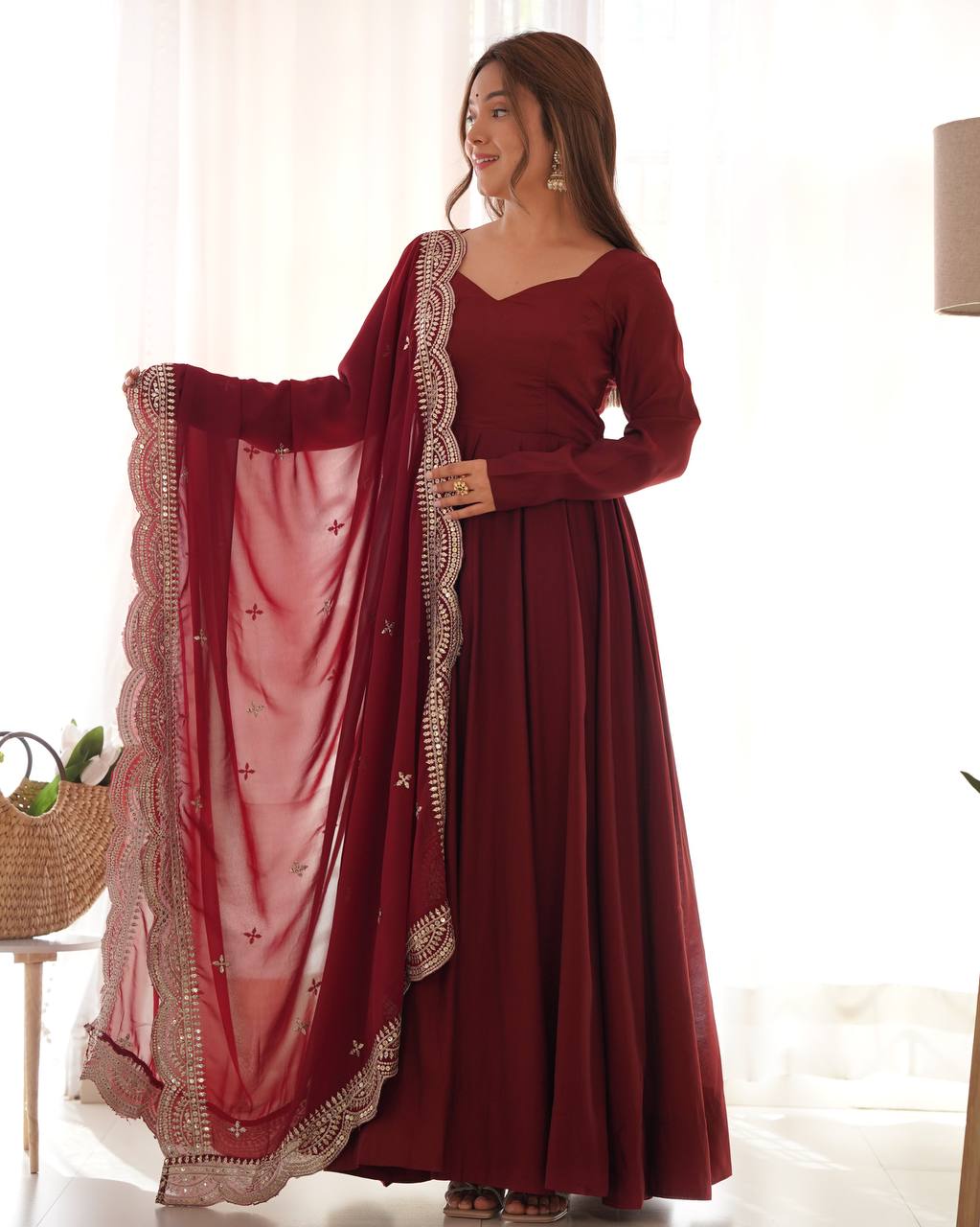 PREMIUM QUALITY PURE ROMANSILK CHANDERI FABRIC FULLY FLARE ANARKALI, WITH DUPATTA SET, PENT READY TO WEAR