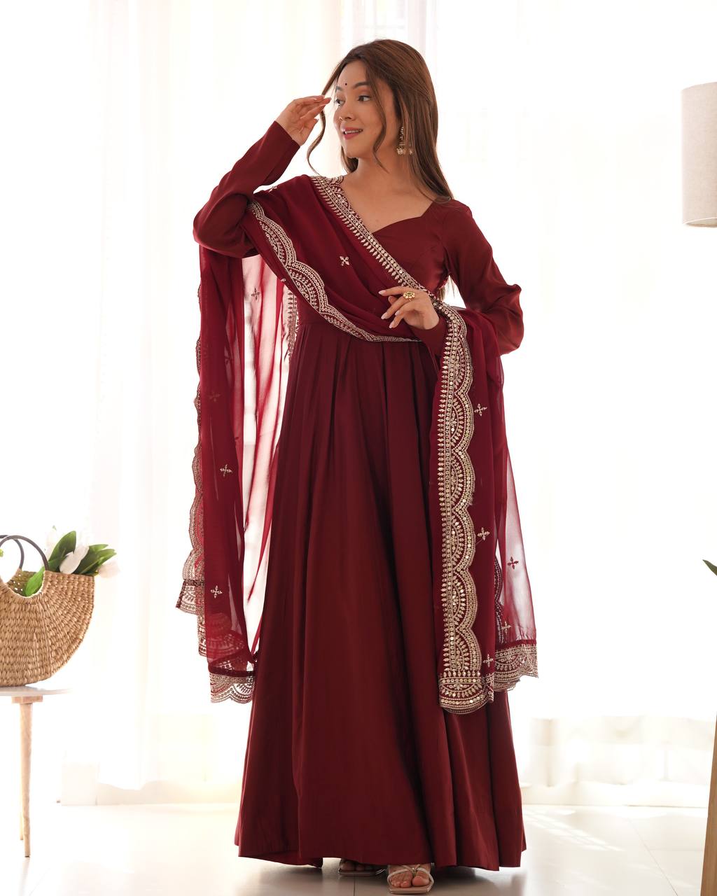 PREMIUM QUALITY PURE ROMANSILK CHANDERI FABRIC FULLY FLARE ANARKALI, WITH DUPATTA SET, PENT READY TO WEAR