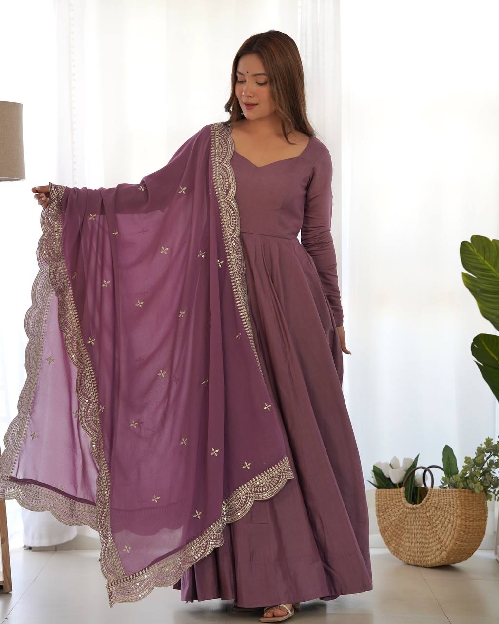 PREMIUM QUALITY PURE ROMANSILK CHANDERI FABRIC FULLY FLARE ANARKALI, WITH DUPATTA SET, PENT READY TO WEAR