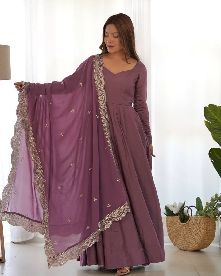 PREMIUM QUALITY PURE ROMANSILK CHANDERI FABRIC FULLY FLARE ANARKALI, WITH DUPATTA SET, PENT READY TO WEAR