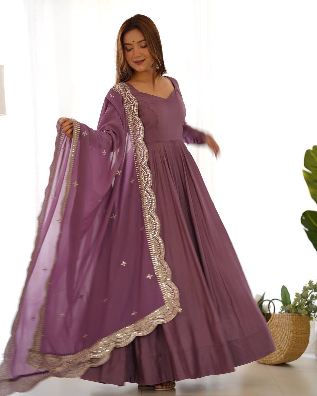 PREMIUM QUALITY PURE ROMANSILK CHANDERI FABRIC FULLY FLARE ANARKALI, WITH DUPATTA SET, PENT READY TO WEAR