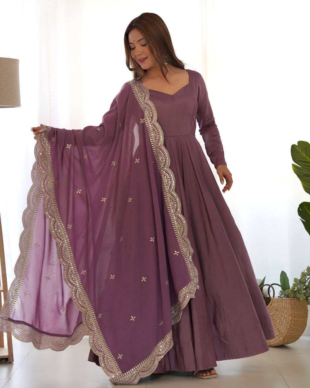 PREMIUM QUALITY PURE ROMANSILK CHANDERI FABRIC FULLY FLARE ANARKALI, WITH DUPATTA SET, PENT READY TO WEAR
