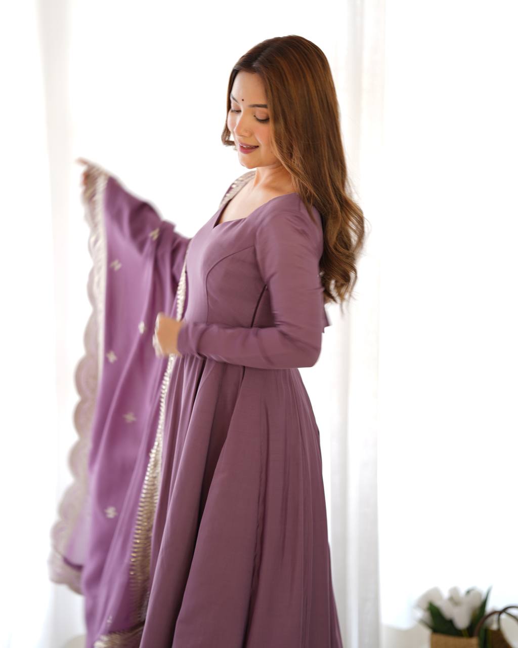 PREMIUM QUALITY PURE ROMANSILK CHANDERI FABRIC FULLY FLARE ANARKALI, WITH DUPATTA SET, PENT READY TO WEAR