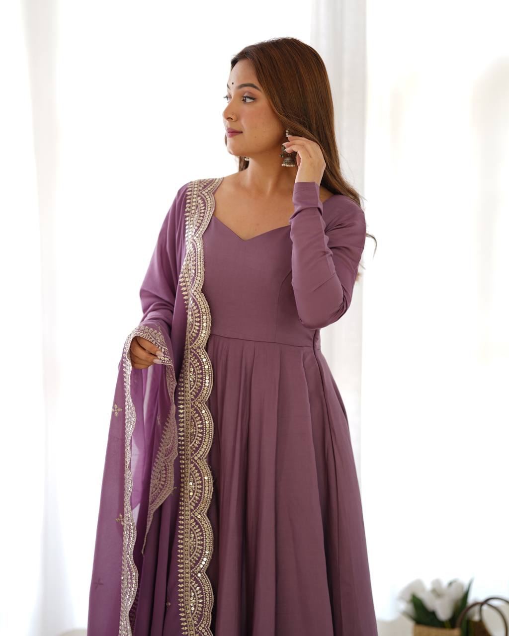 PREMIUM QUALITY PURE ROMANSILK CHANDERI FABRIC FULLY FLARE ANARKALI, WITH DUPATTA SET, PENT READY TO WEAR
