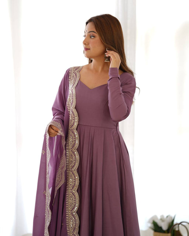 PREMIUM QUALITY PURE ROMANSILK CHANDERI FABRIC FULLY FLARE ANARKALI, WITH DUPATTA SET, PENT READY TO WEAR