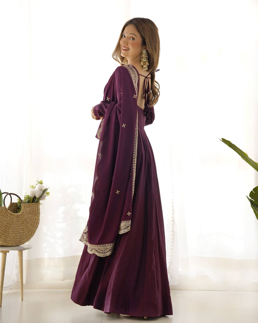 PREMIUM QUALITY PURE ROMANSILK CHANDERI FABRIC FULLY FLARE ANARKALI, WITH DUPATTA SET, PENT READY TO WEAR