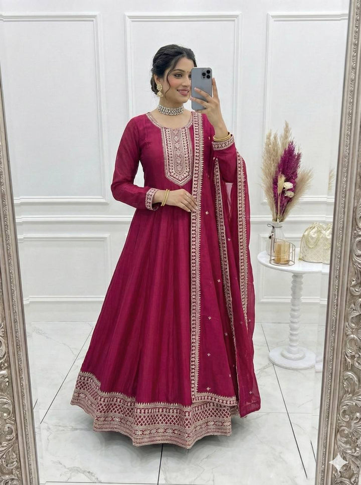 PREMIUM QUALITY PURE VICHITRA SILK FABRIC FULLY FLARE GOWN, WITH DUPATTA SET