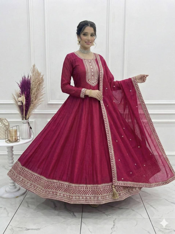 PREMIUM QUALITY PURE VICHITRA SILK FABRIC FULLY FLARE GOWN, WITH DUPATTA SET
