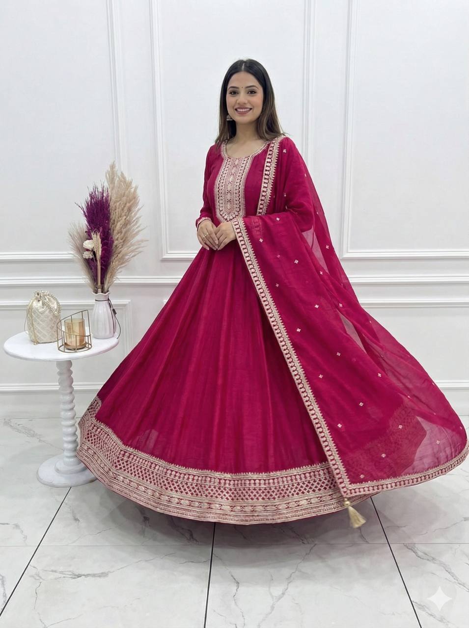 PREMIUM QUALITY PURE VICHITRA SILK FABRIC FULLY FLARE GOWN, WITH DUPATTA SET
