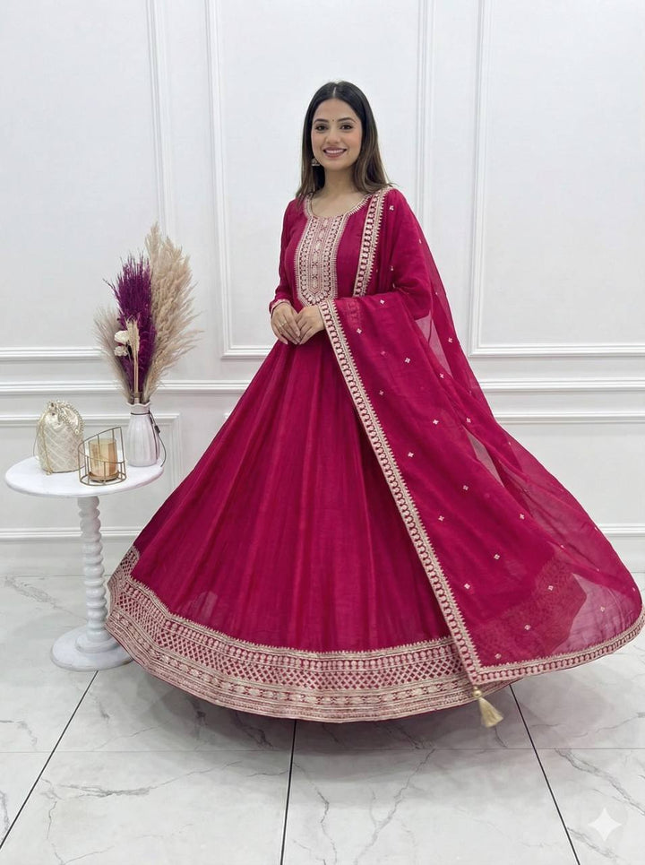 PREMIUM QUALITY PURE VICHITRA SILK FABRIC FULLY FLARE GOWN, WITH DUPATTA SET